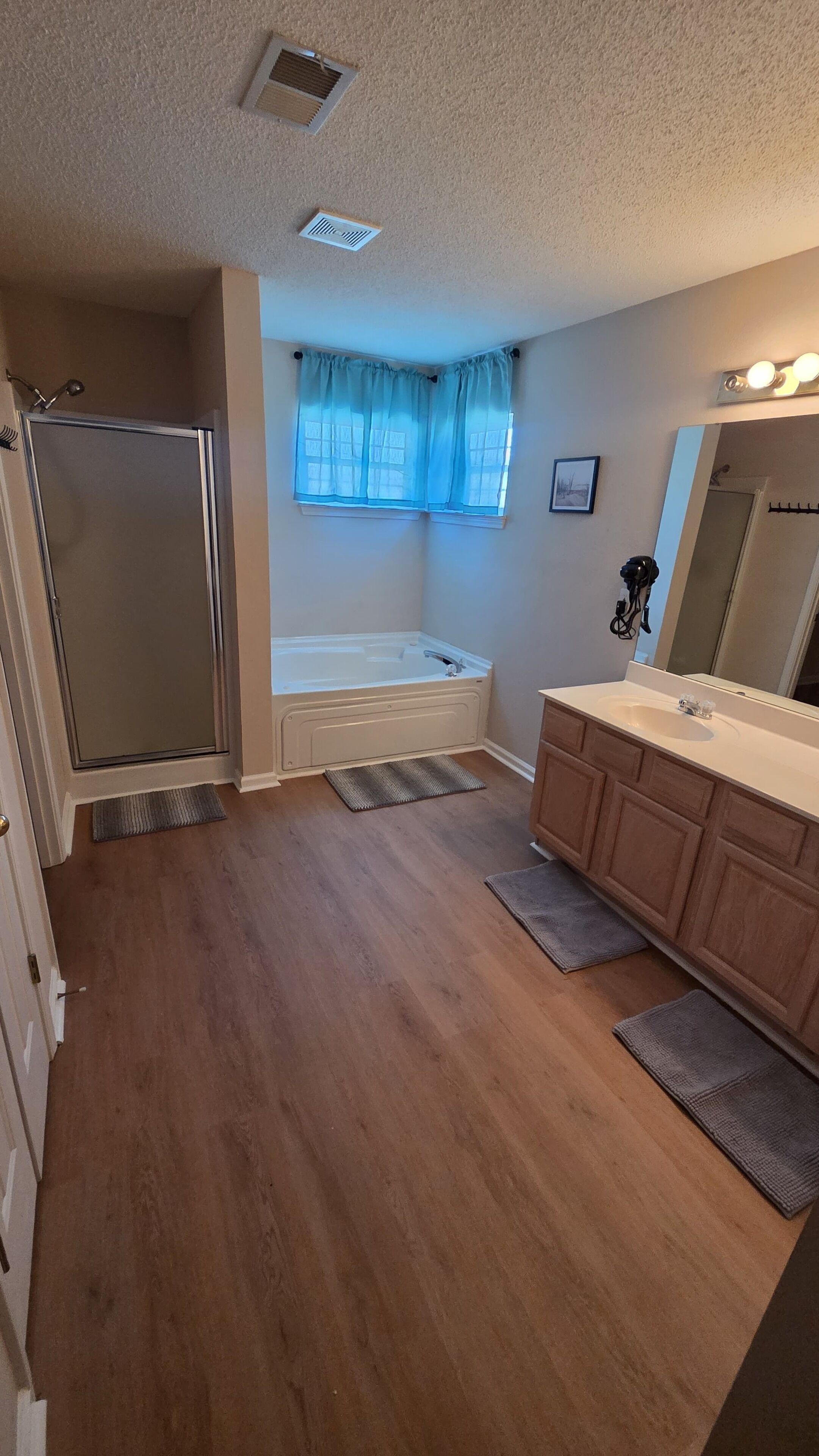 Hair dryer, towels, soap, shampoo