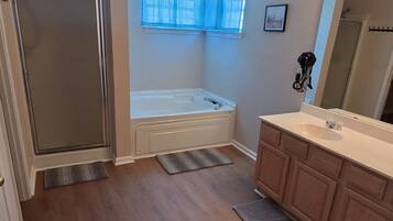 Hair dryer, towels, soap, shampoo