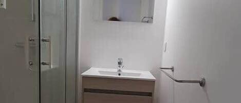 A narrow bathroom with a glass shower enclosure, a sink, a mirror, and a trash bin.