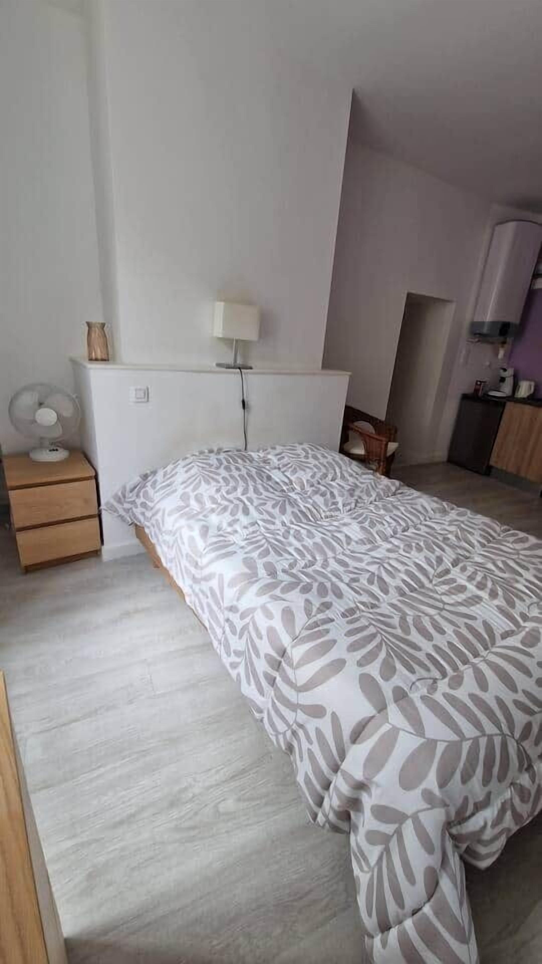 Een slaapkamer met een groot bed, een nachtkastje met een lamp, een ventilator en een kledingkast.
