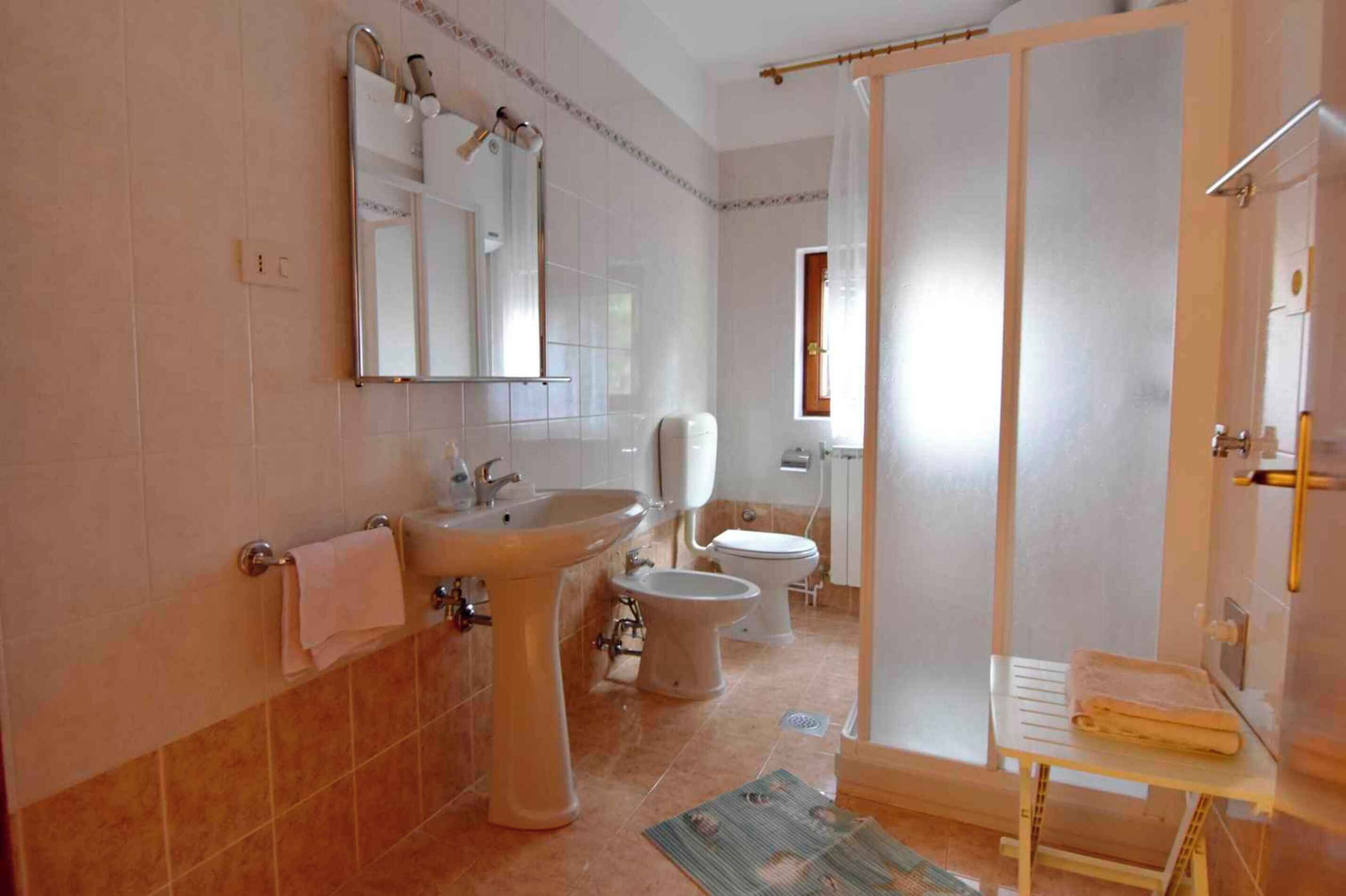 A bathroom with a sink, mirror, toilet, bidet, and a shower area.