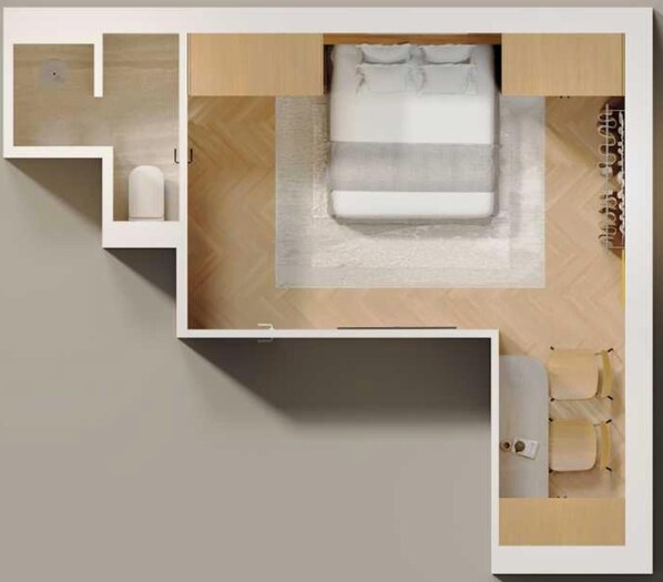 A modern hotel room layout with a bed, a small seating area, and a bathroom. - Magnificent Studio -2p- Pantheon/ Notre Dame (Paris)
