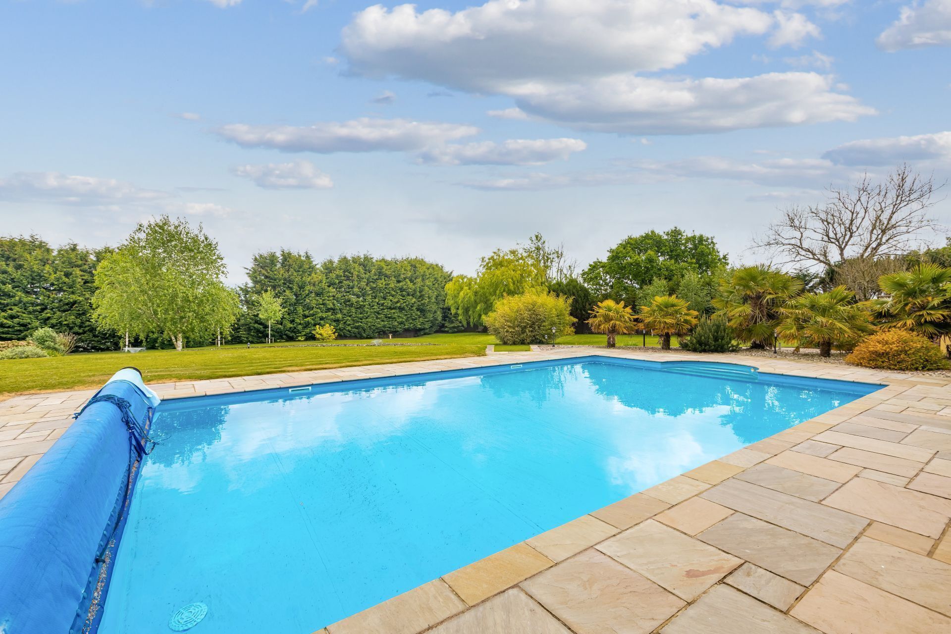 Une piscine rectangulaire, bordée d’une terrasse carrelée et entourée de différents types d’arbres et d’arbustes.