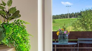 A balcony with a potted plant and a vase of flowers. - Beautiful apartment for 4 guests with WIFI, TV, balcony, pets allowed and panoramic view (Klausmen)