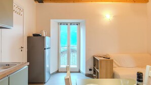 Une pièce compacte comprenant un coin cuisine, un espace repas et un canapé.
