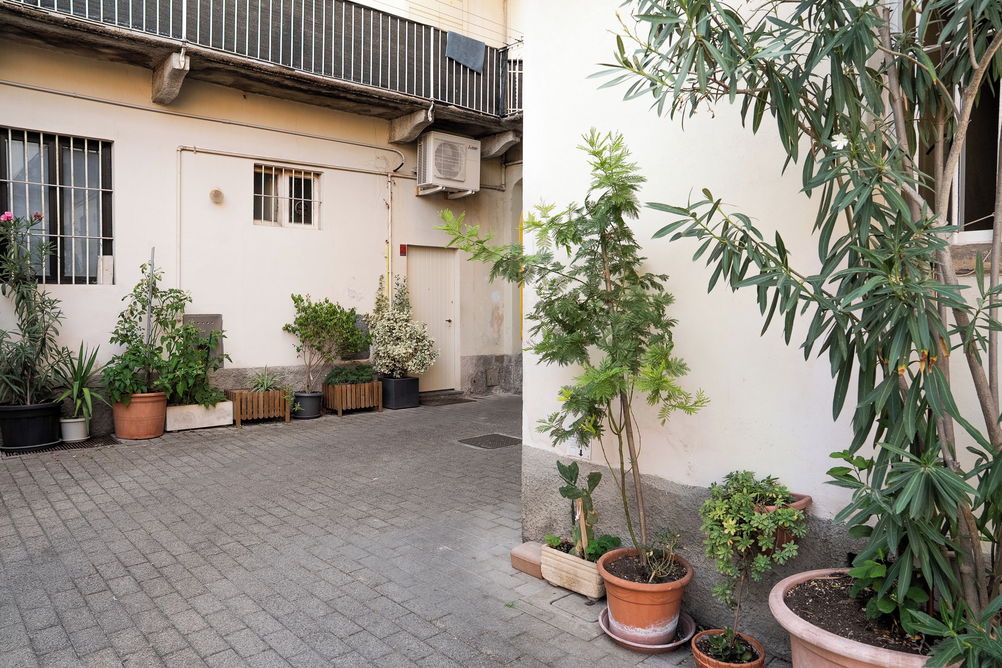 Un patio con plantas en macetas, un edificio con balcón y una ventana con rejas.