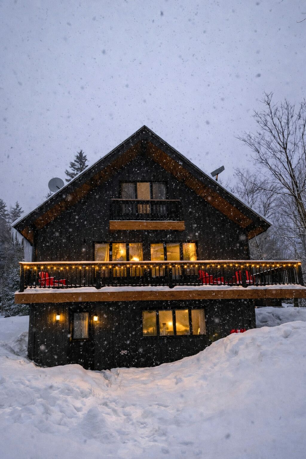 A two-story log cabin with a balcony, surrounded by snow.