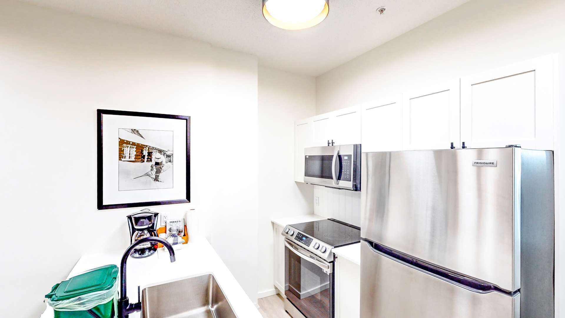 A modern kitchen with stainless steel appliances, a framed picture on the wall, and a green trash bin.