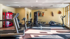 Une salle de sport équipée de machines de cardio, de matériel de musculation et dotée d’une grande fenêtre laissant entrer la lumière naturelle.