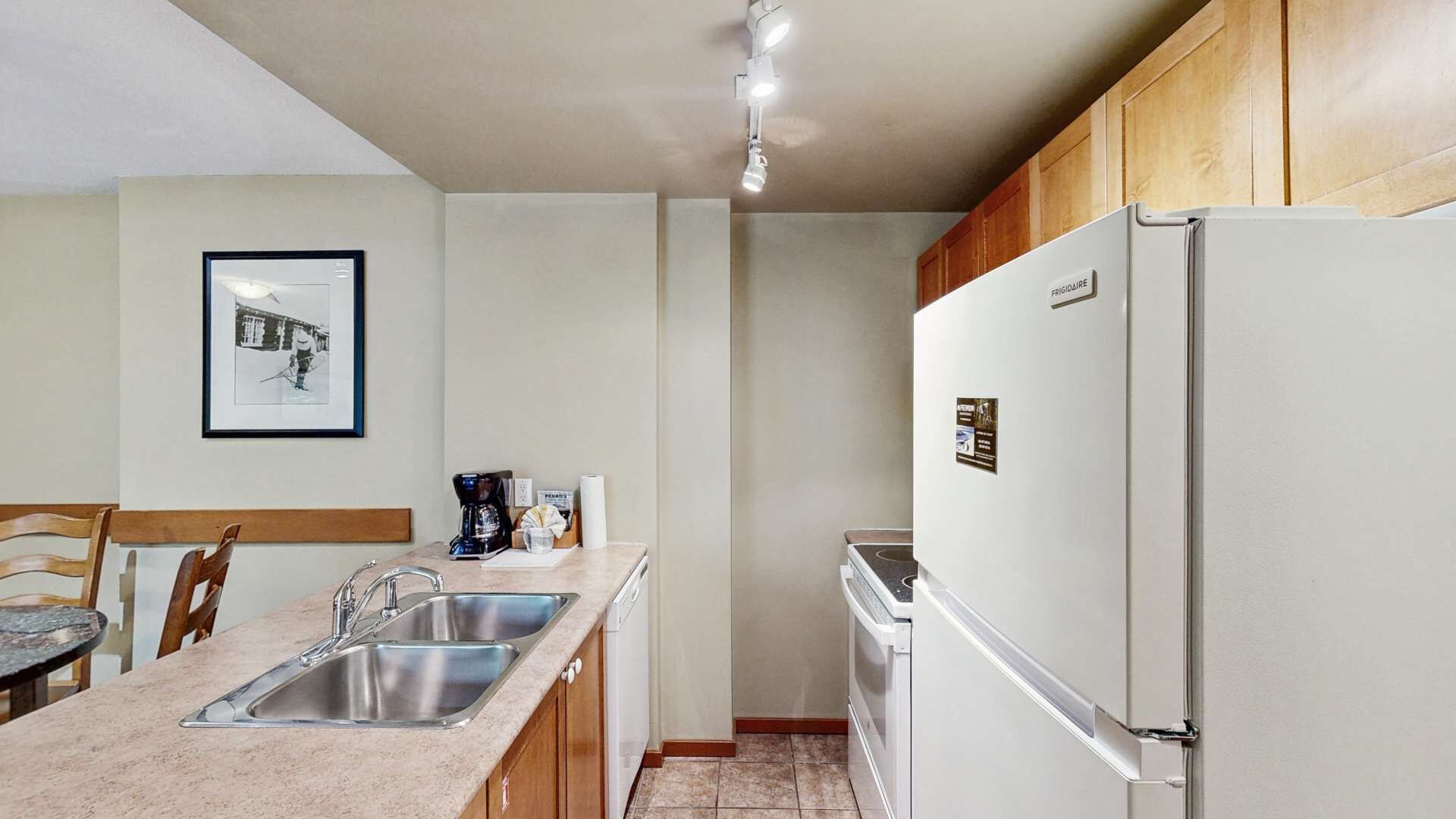 Cocina compacta con un lavamanos doble, cafetera, refrigerador y armarios de madera.
