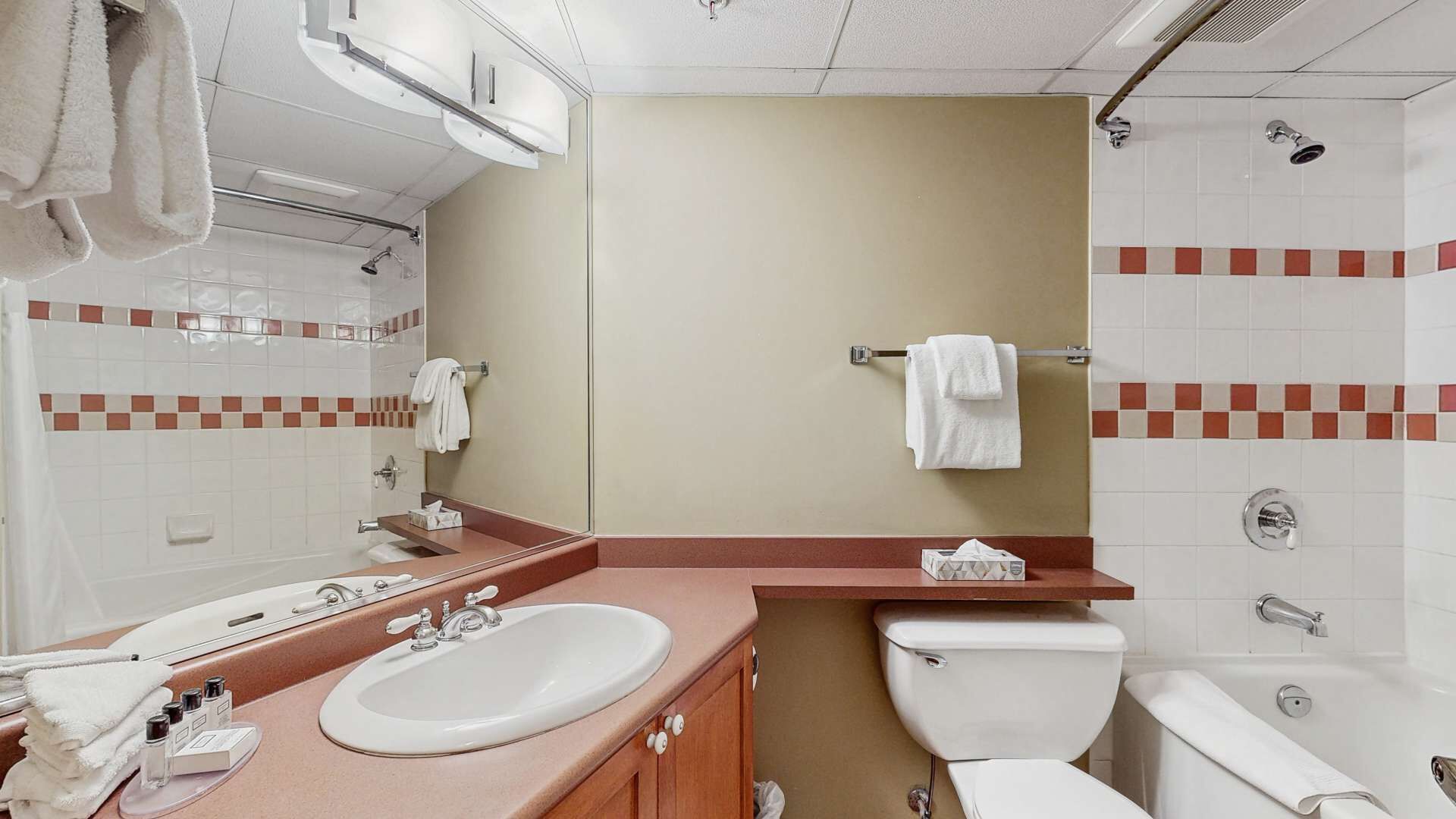 Een hotelbadkamer met een wastafel, spiegel, toilet en douche.