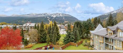 Une ville de montagne offrant une vue sur des sommets enneigés, des immeubles résidentiels et un espace piscine.