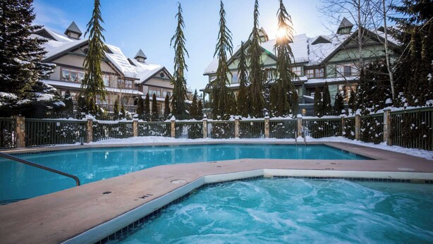 Un espace piscine avec un jacuzzi, entouré d’arbres et de bâtiments recouverts de neige.
