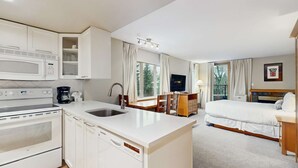 Habitación de hotel con kitchenette, una cama, televisión y vista a los árboles por la ventana.
