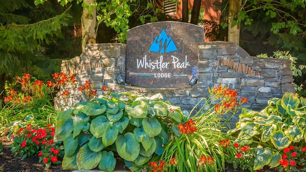 Ein Steinschild mit einem Logo und dem Schriftzug 'Whistler Peak Lodge', umgeben von üppigem Grün und Blumen.