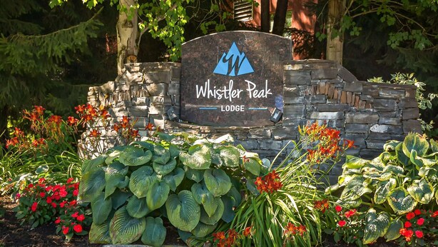 Segnaletica in pietra con la scritta "Whistler Peak Lodge" e un logo, immersa nel verde lussureggiante e tra fiori.