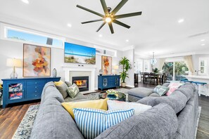 Smart TV, fireplace, books