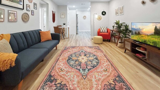 Un salon moderne avec un canapé, une table basse, un téléviseur et un tapis à motifs.