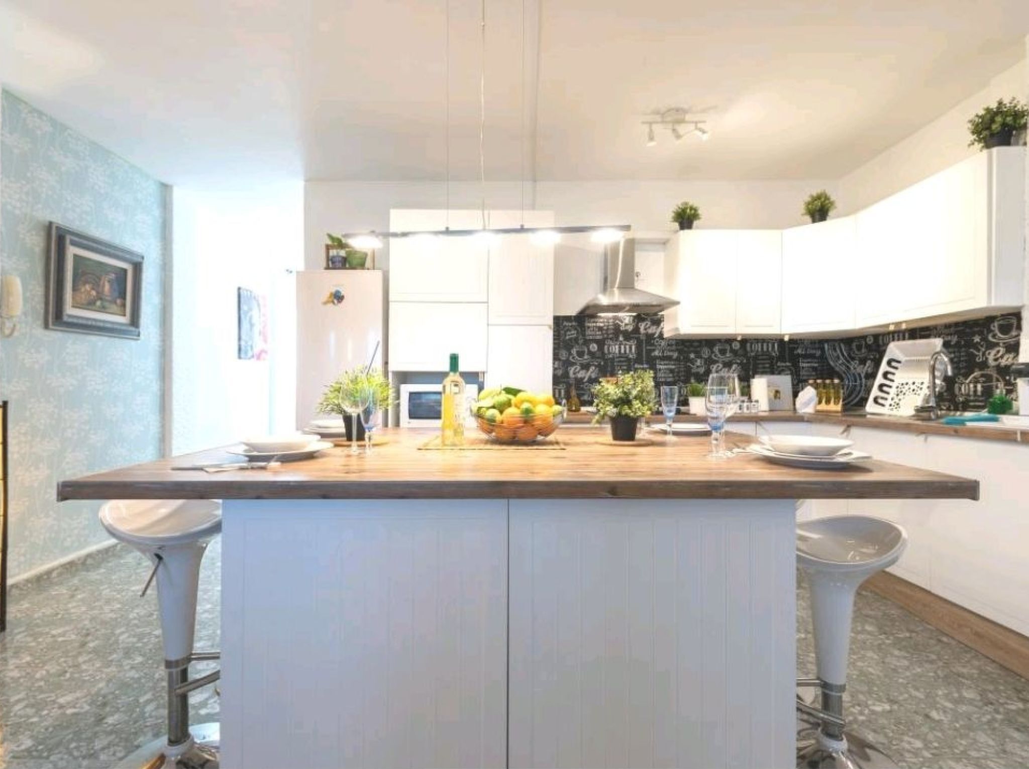 Fridge, microwave, cookware/dishes/utensils