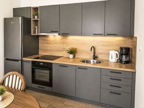 A modern kitchen with a built-in oven, a sink, and a coffee maker. - Ein Apartment im Ferienhaus Zweirosen by Interhome (Fažana)