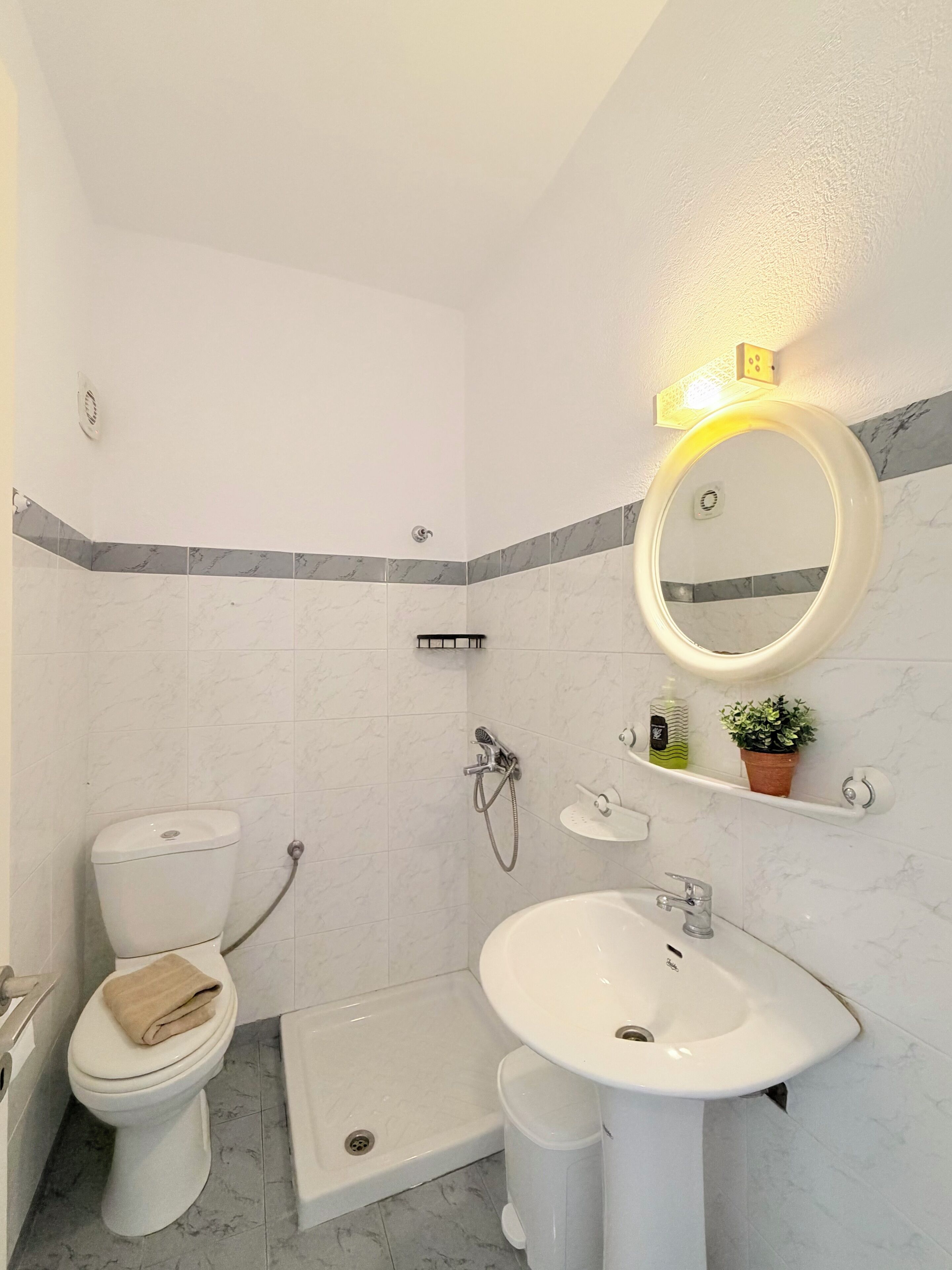 Une salle de bain comprenant des toilettes, une douche, un lavabo et un miroir.