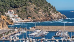 Un puerto deportivo con barcos amarrados, un litoral rocoso y edificios en una ladera.
