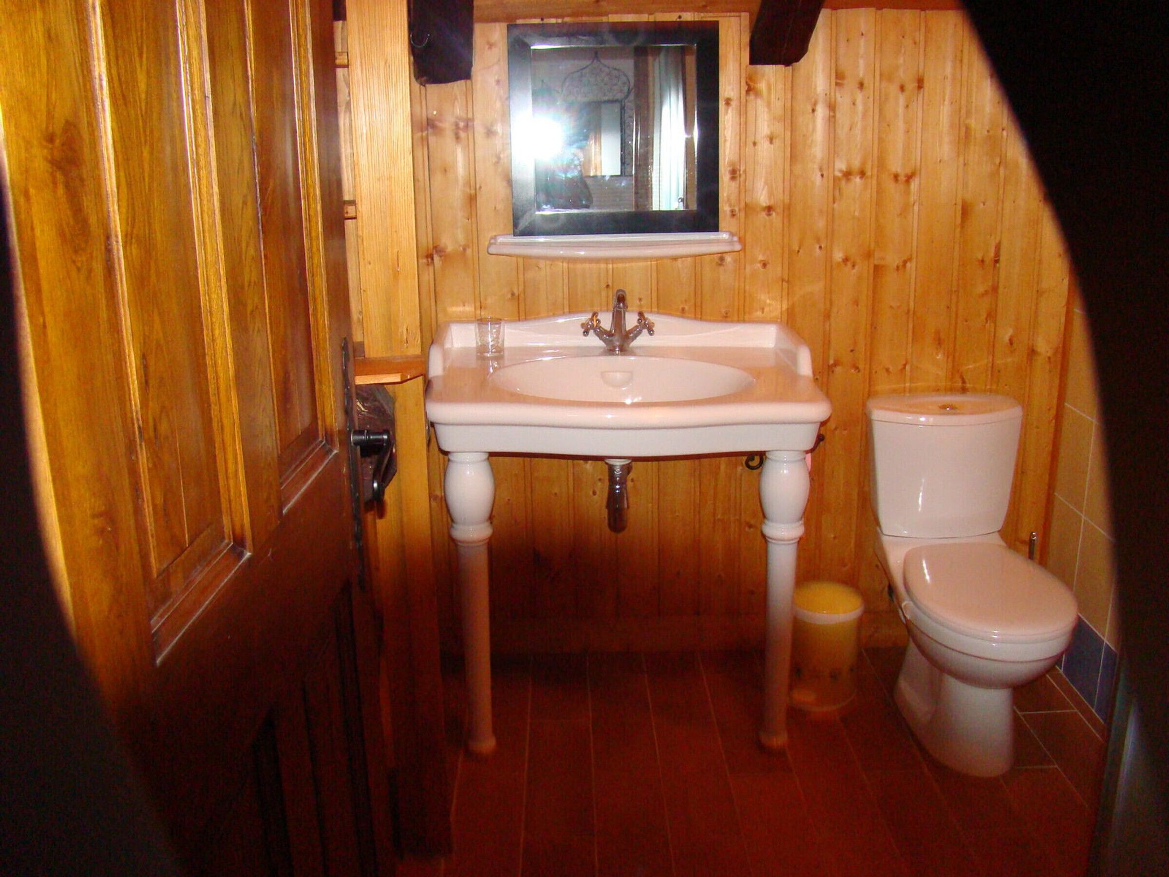 Un baño con paneles de madera, un lavamanos blanco, un espejo encima y un inodoro.