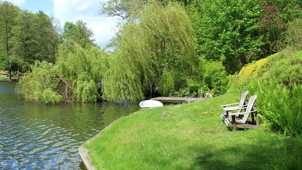 Un entorno tranquilo junto al lago, con un banco de madera y un pequeño muelle.