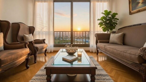 Una sala de estar con una mesa de centro de vidrio, dos sofás de cuero marrón, una planta grande en maceta y vistas del atardecer a través de amplios ventanales.