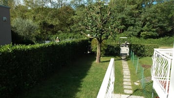 A pathway leading to a gated area with a tree and a building in the background.