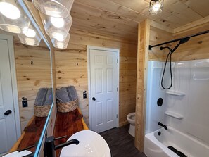 Hair dryer, towels, soap, toilet paper