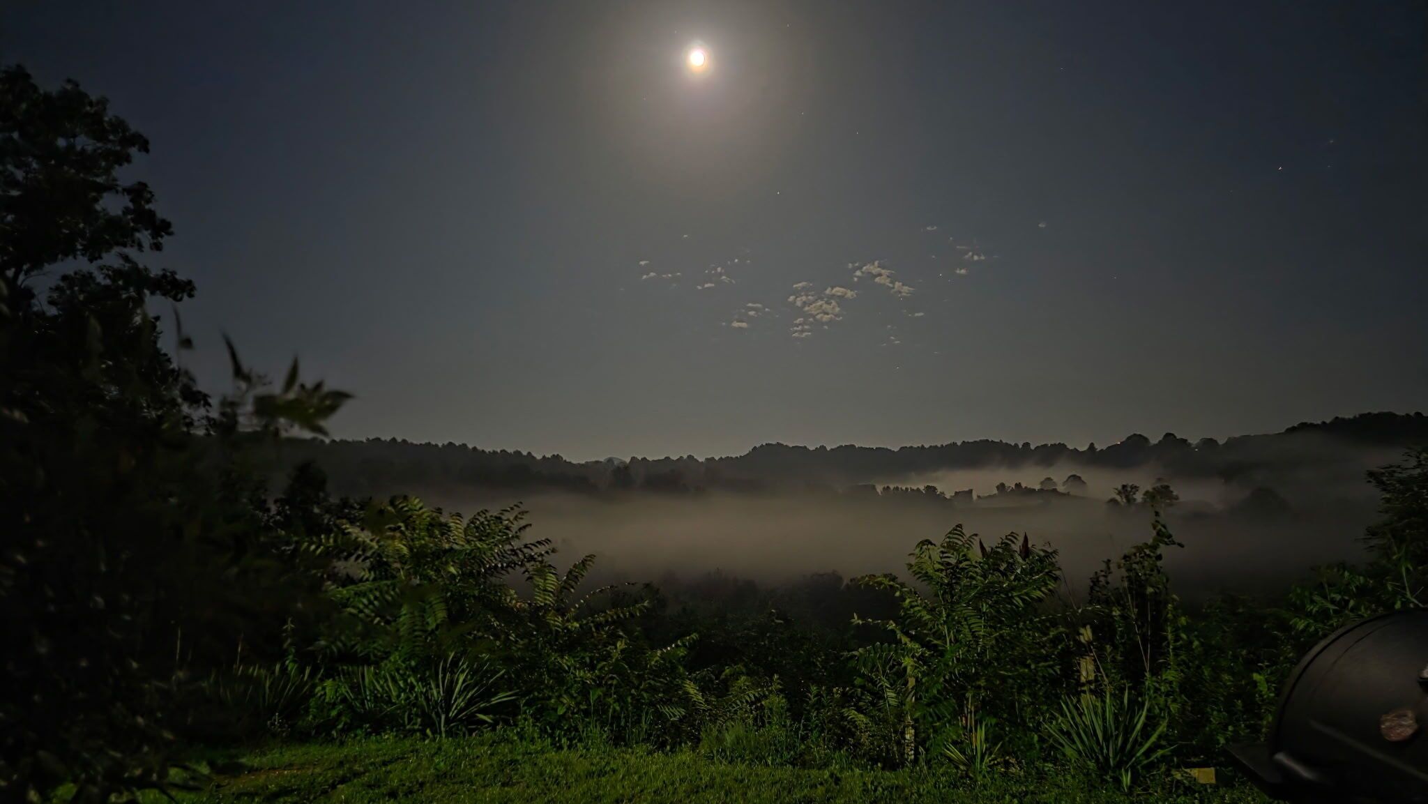 Un paysage nocturne avec une lune visible, des collines enveloppées de brume et une végétation luxuriante.