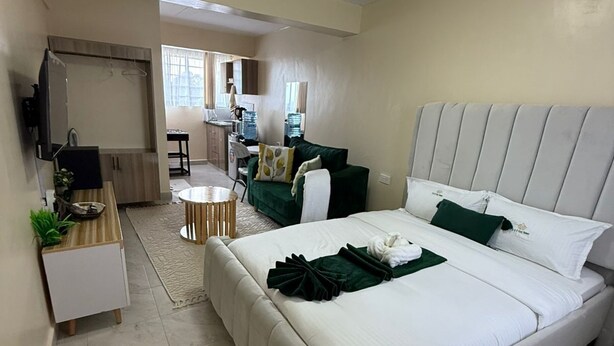 Une chambre d’hôtel équipée d’un lit, d’un bureau, d’une chaise, d’une télévision et d’une kitchenette.