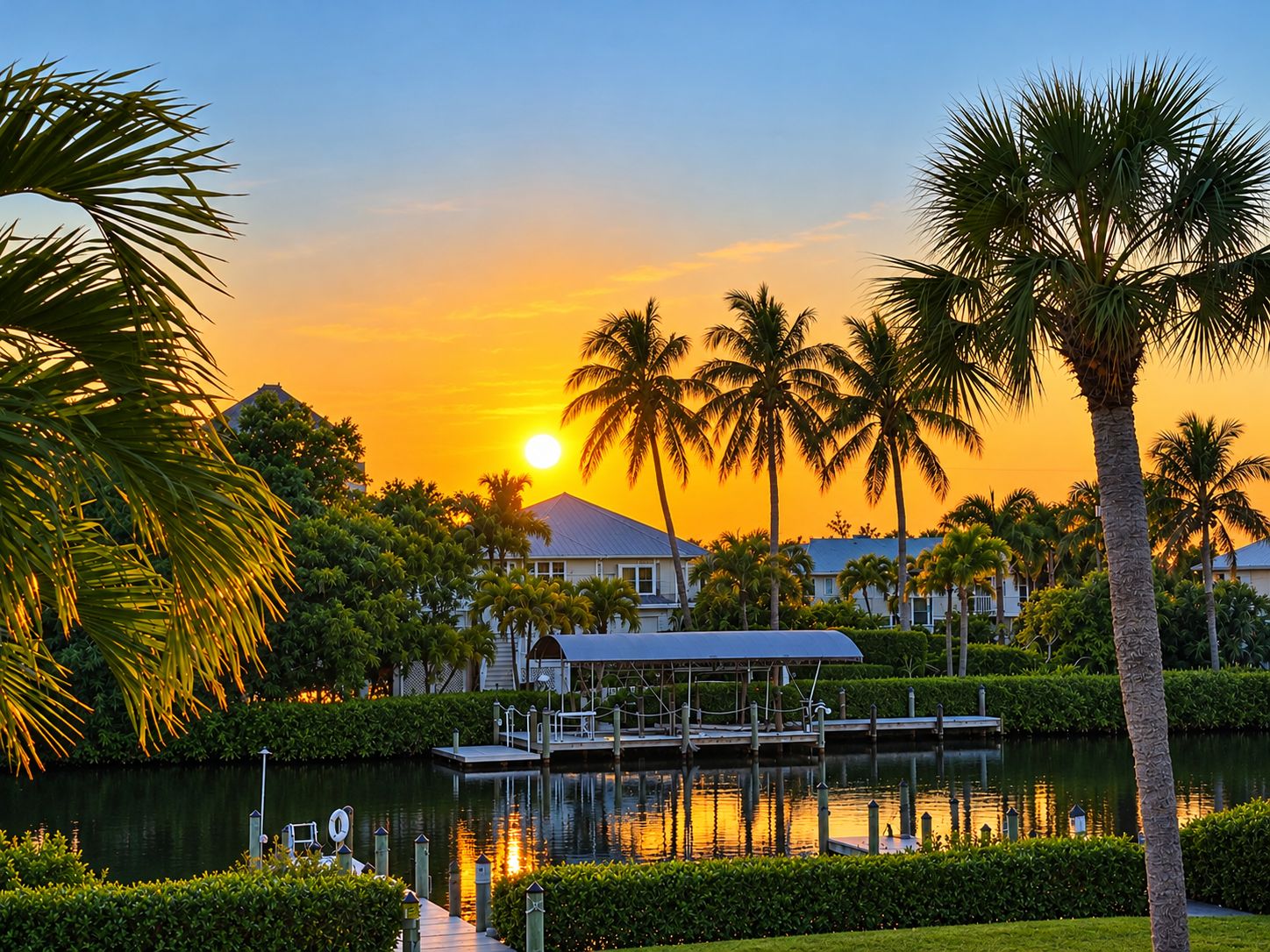 A sunset view with a body of water, palm trees, and a dock.