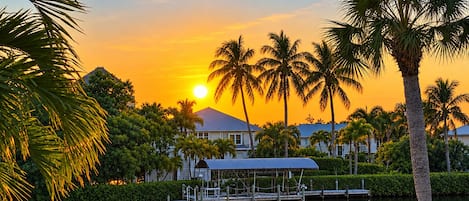 A sunset view with a body of water, palm trees, and a dock.