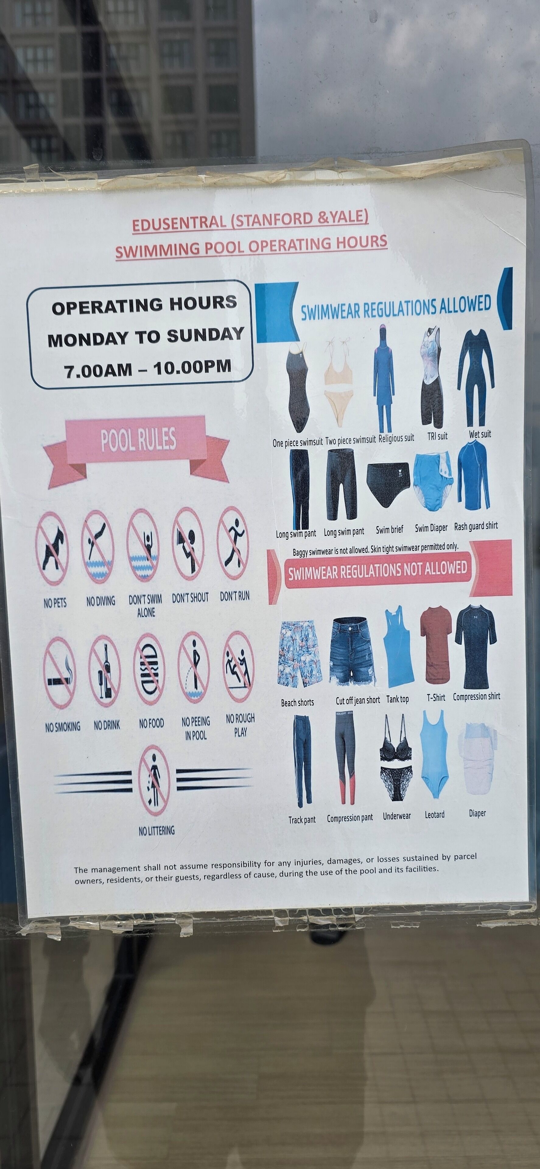 A swimming pool operating hours sign for Edusentral (Stanford & Yale) with pool rules and swimwear regulations.