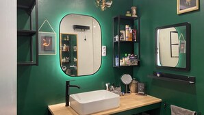 A bathroom with a white sink, black faucet, and green walls. There are two mirrors, one above the sink and one on the wall. A towel rack is visible on the right side. - Large apartment in a quiet area, 2 terraces. (Biarritz)