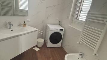 Shower, hair dryer, bidet, towels