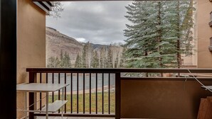 Ein Balkon mit Blick auf einen verschneiten Berg und immergrüne Bäume.