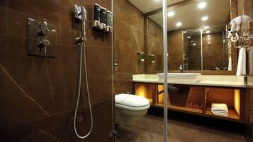 Shower, slippers, towels, soap