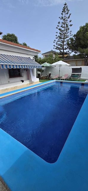 Ein Swimmingpool mit blauer Umrandung, umgeben von Liegestühlen und Sonnenschirmen.