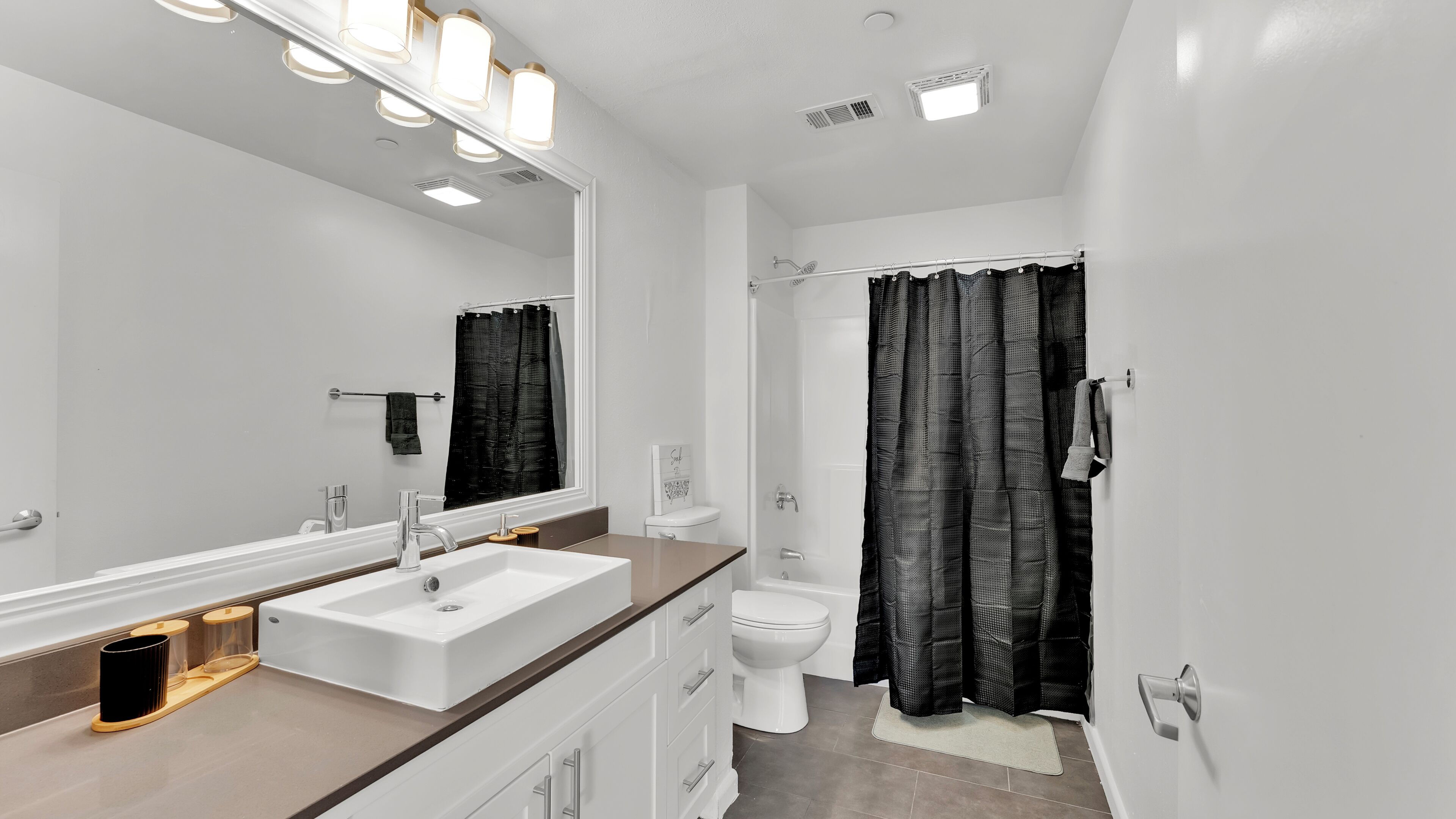 Hair dryer, towels, soap, toilet paper