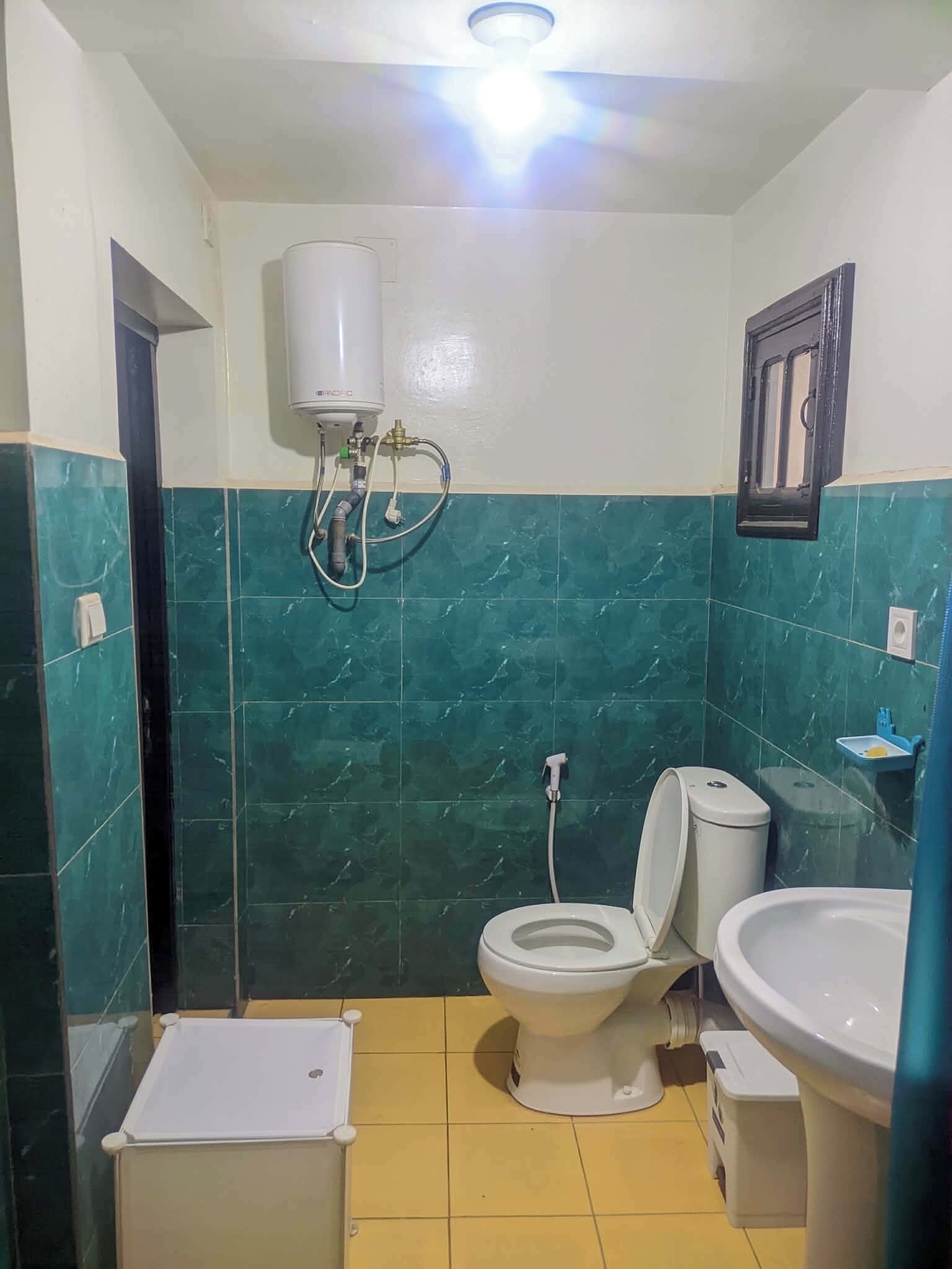 A bathroom with a toilet, sink, and a water heater mounted on the wall.