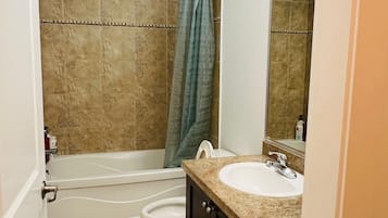 Shower, towels, soap, toilet paper