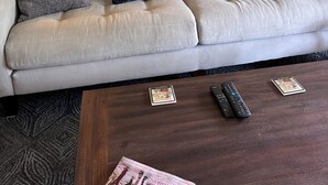 Una sala de estar con un sofá de gris claro, almohadones estampados azul oscuro, un cuadro en la pared y una mesa de centro con mandos a distancia y revistas.