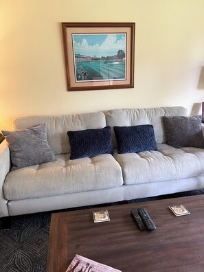 Ein Wohnzimmer mit einem hellgrauen Sofa, dunkelblauen Kissen mit Muster, einem gerahmten Bild an der Wand und einem Couchtisch mit Fernbedienungen und Zeitschriften.