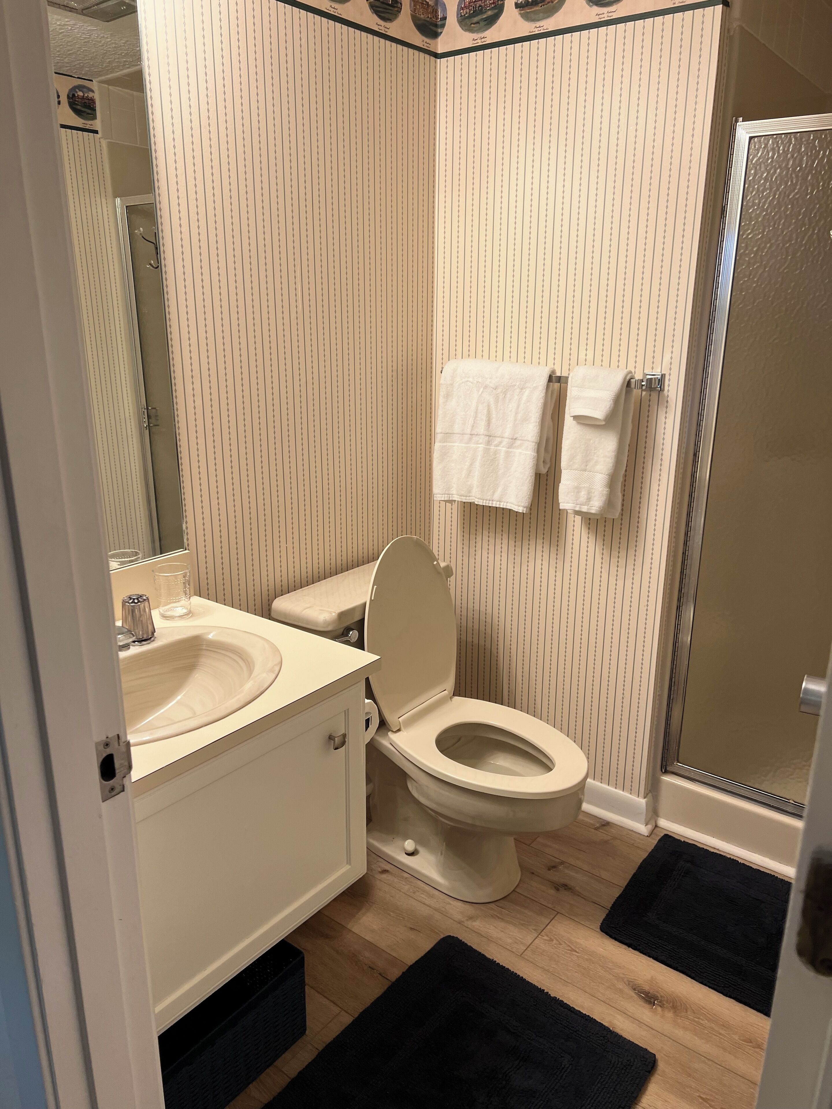 Un bagno con servizi igienici, lavandino e specchio. Due asciugamani sono appesi a un portasciugamani.