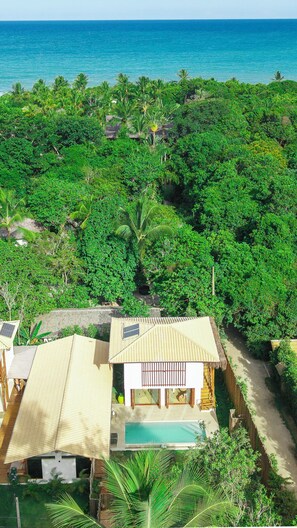 Un complexe hôtelier tropical doté d’une piscine, entouré d’une végétation luxuriante et offrant une vue sur l’océan.