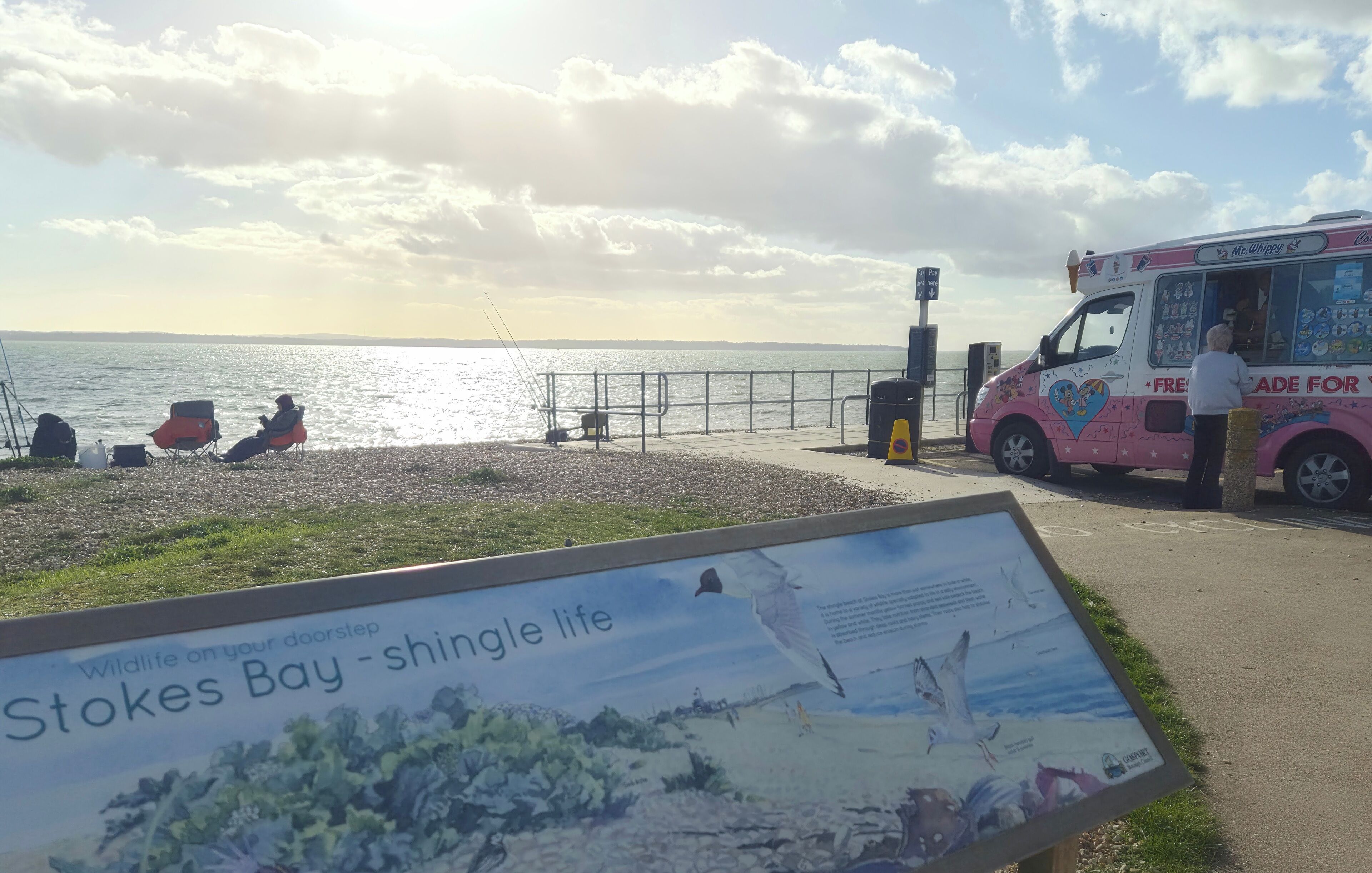A beachside setting with a pink food truck, a signboard, and people relaxing on the shore.