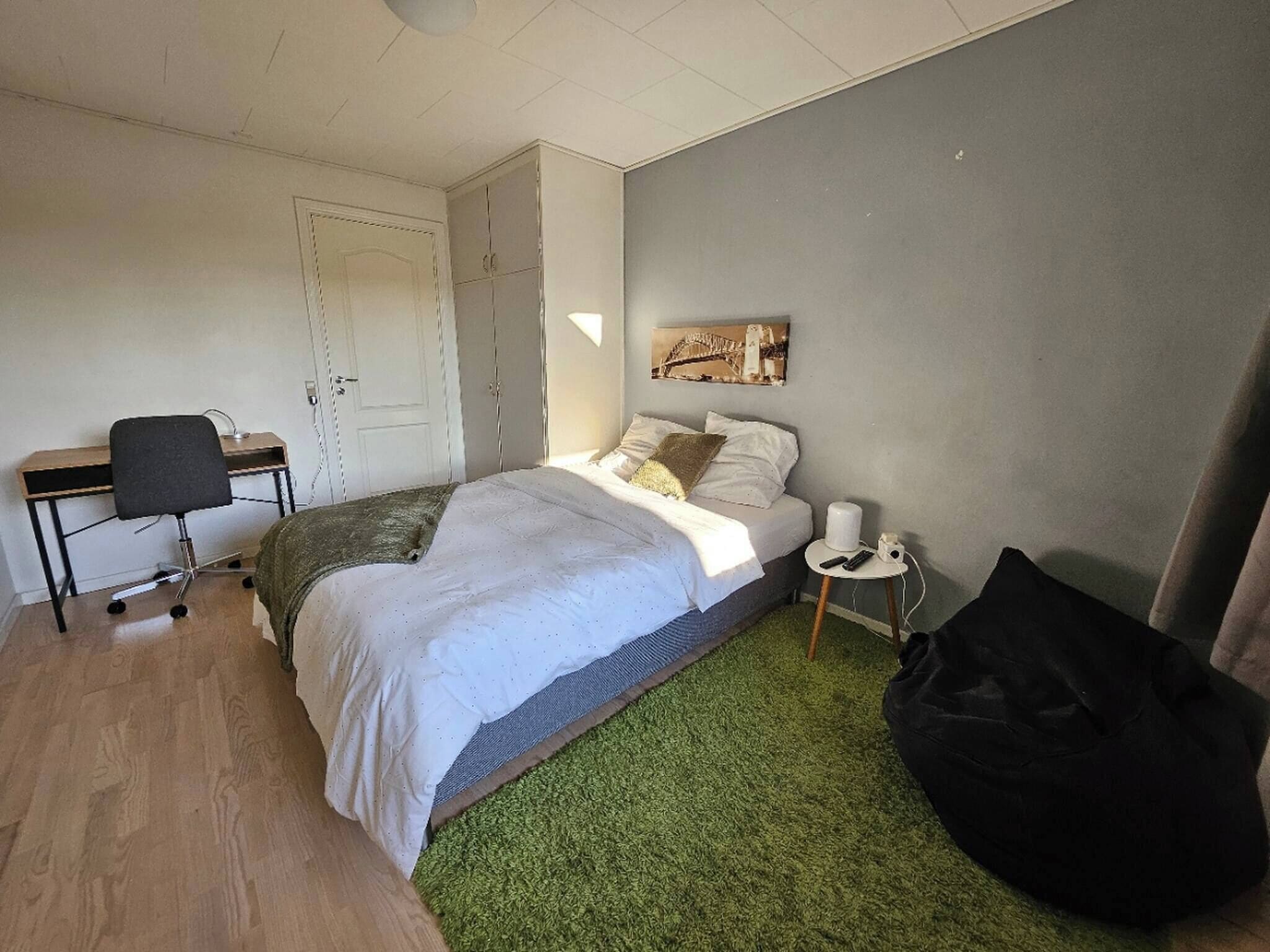Quarto com cama, escrivaninha, cadeira, quadro na parede e tapete verde.